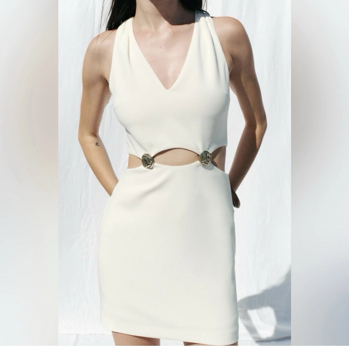 ZARA Cut Out Mini Dress Ecru White Gold Hardware Size M NWT