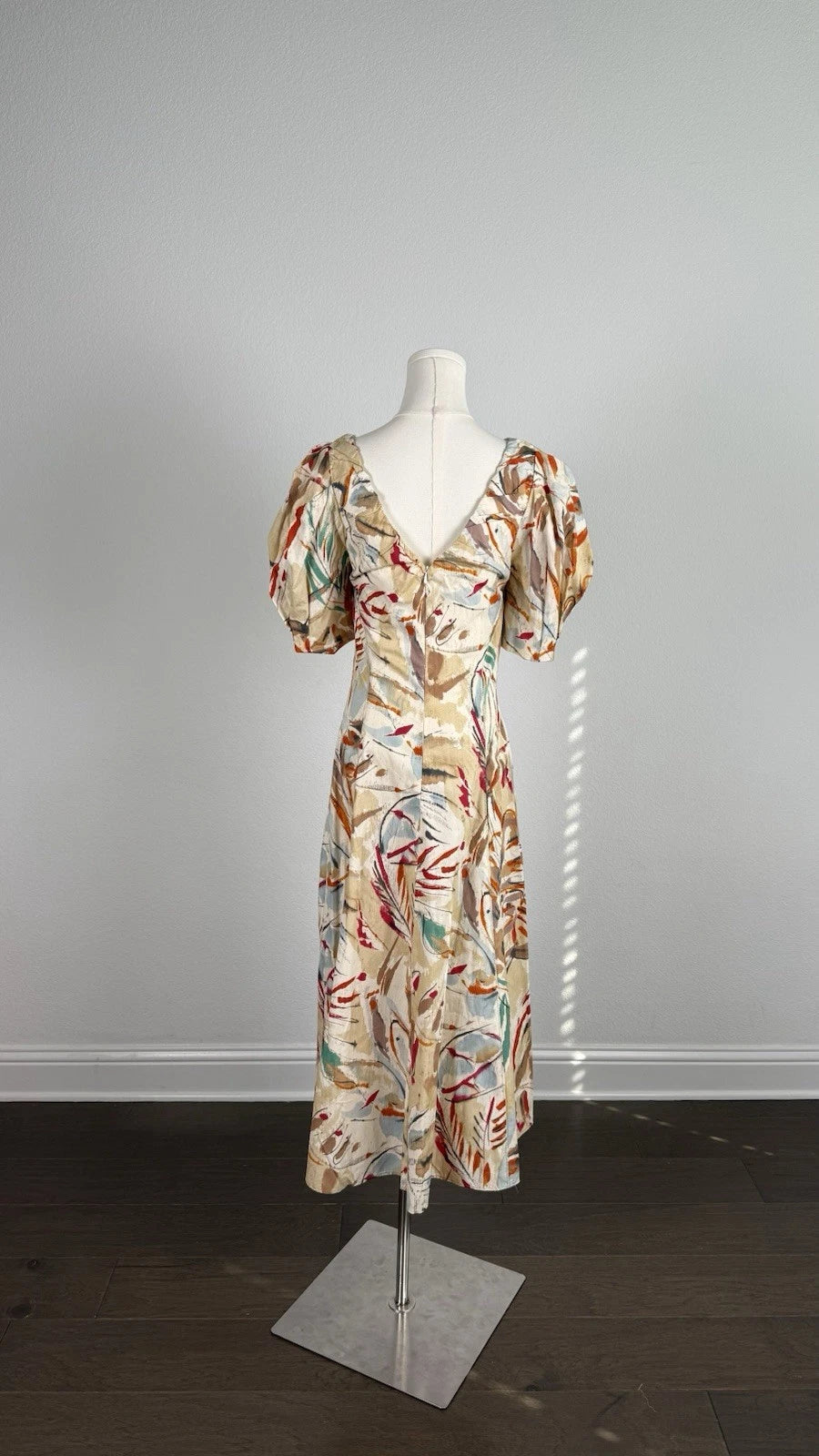 Women’s Floral V-Neck Puff Sleeve Midi Dress Woven Viscose Zip Ruffle Size S