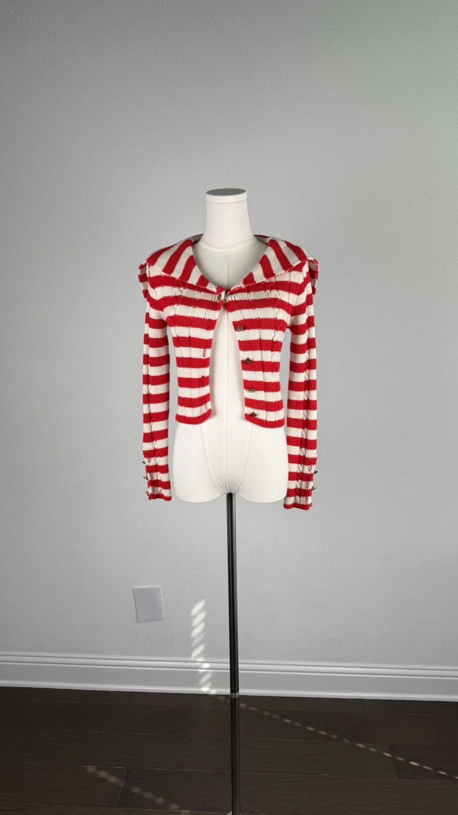 ZARA Women's Red Cream Striped Knit Cardigan XS Wide Collar Button Front NWOT