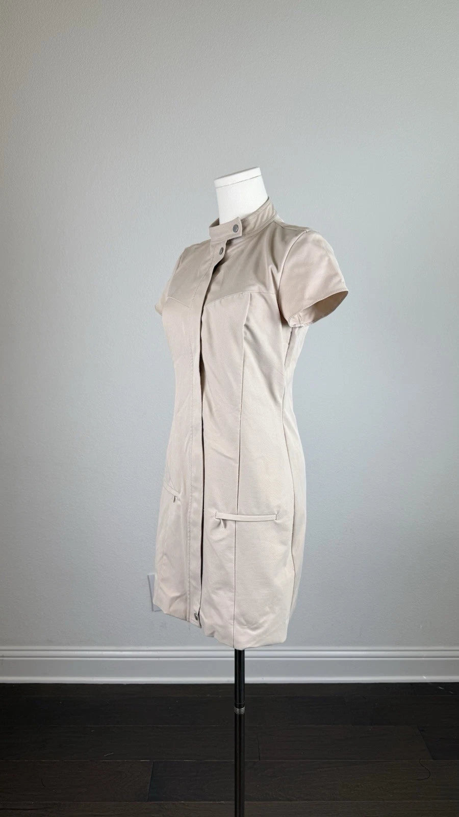 ZARA Women’s Beige Lined Collared Button Shirt Mini Dress Short Sleeve Size S