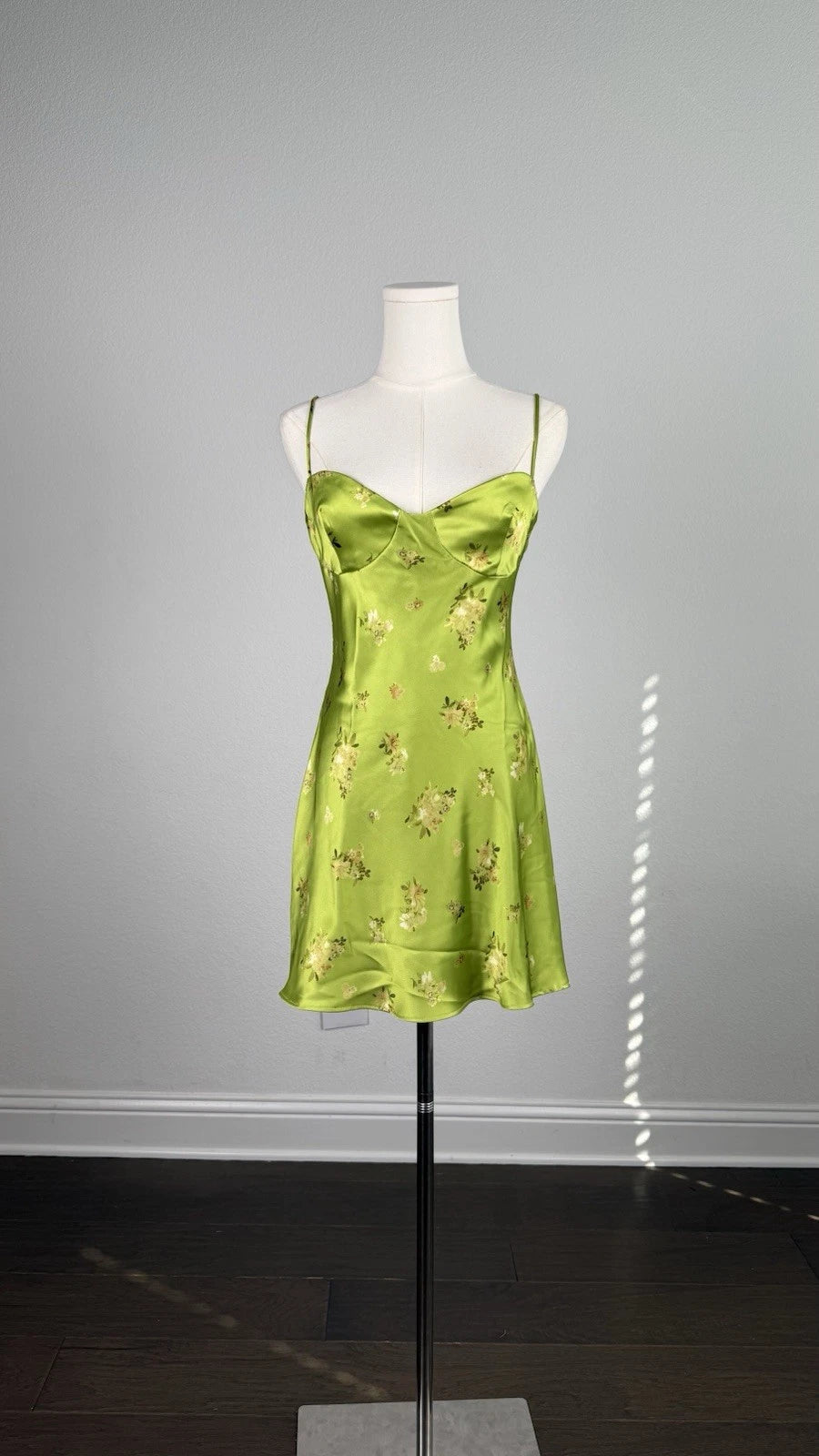 ZARA Green Floral Satin Slip Gown Dress M Sweetheart Neckline Lined Zip