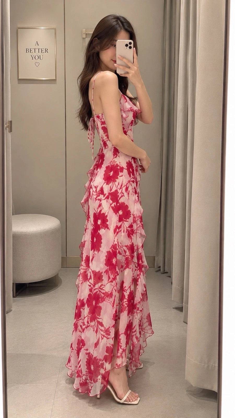 ZARA White Red Floral Chiffon Maxi Dress Square Neck Ruffle Back Tie Size S