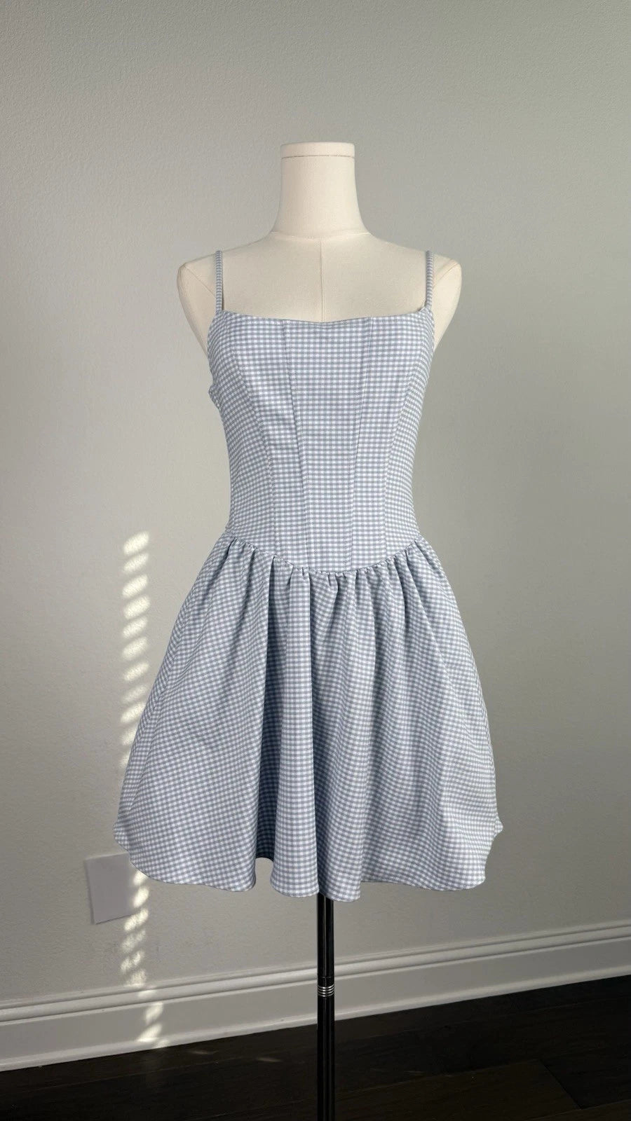 ZARA Blue White Gingham Square Neck Spaghetti Strap Mini Dress Size M