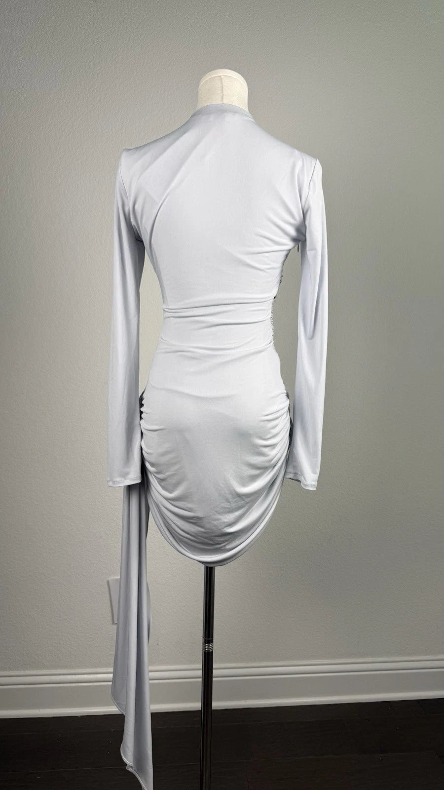 ZARA Light Gray Ruched Asymmetrical Tie V-Neck Bodycon Mini Dress Size S