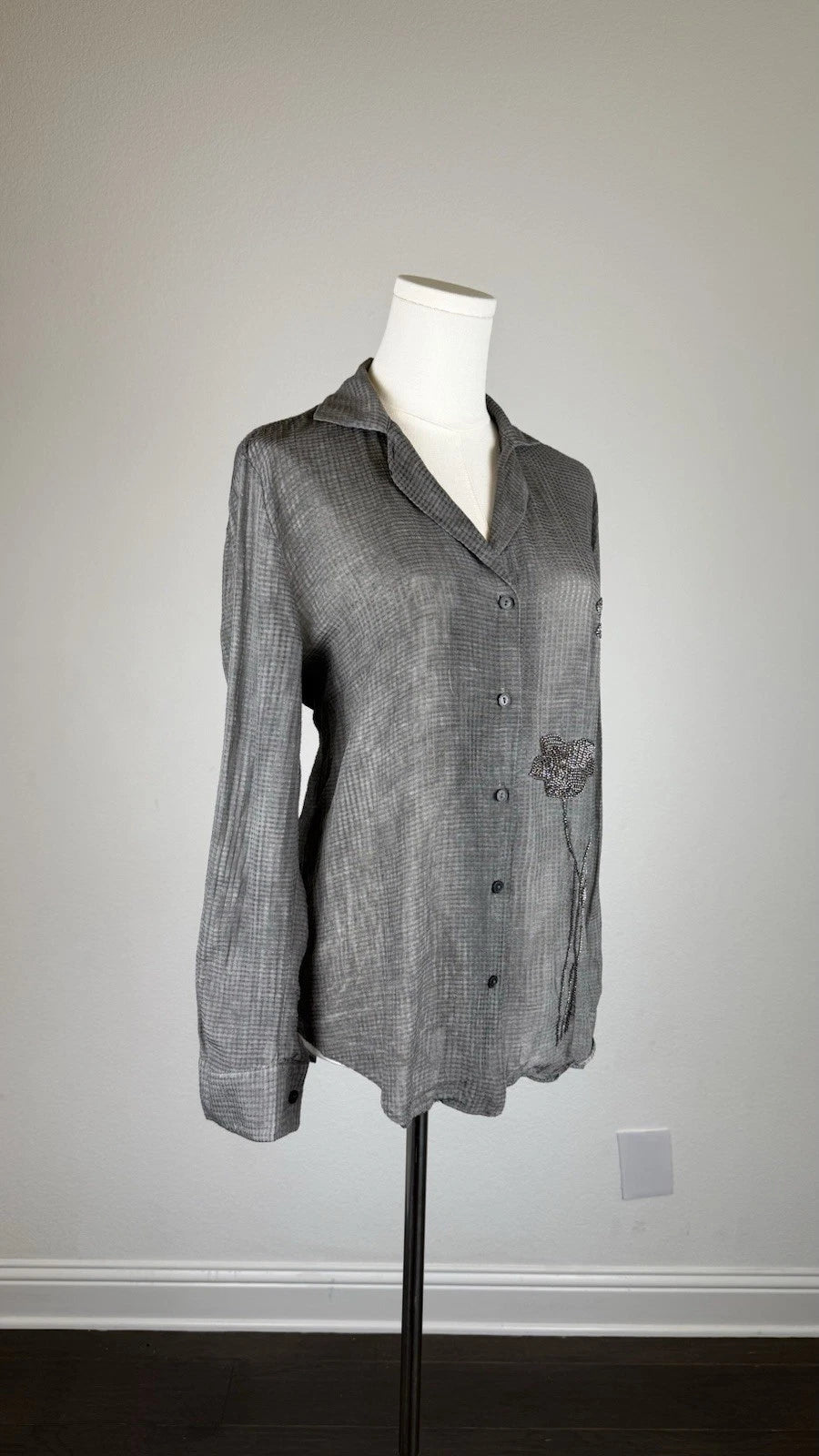 ZARA Women’s Size S Gray Check Collared Button-Up Blouse Beaded 4786/050/802