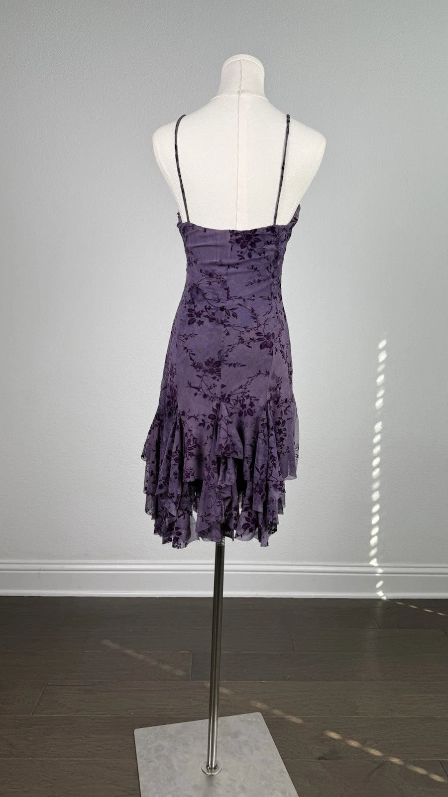 ZARA Purple Floral Ruffle Mesh Midi Dress V-Neck Lined Stretch Zip Size M