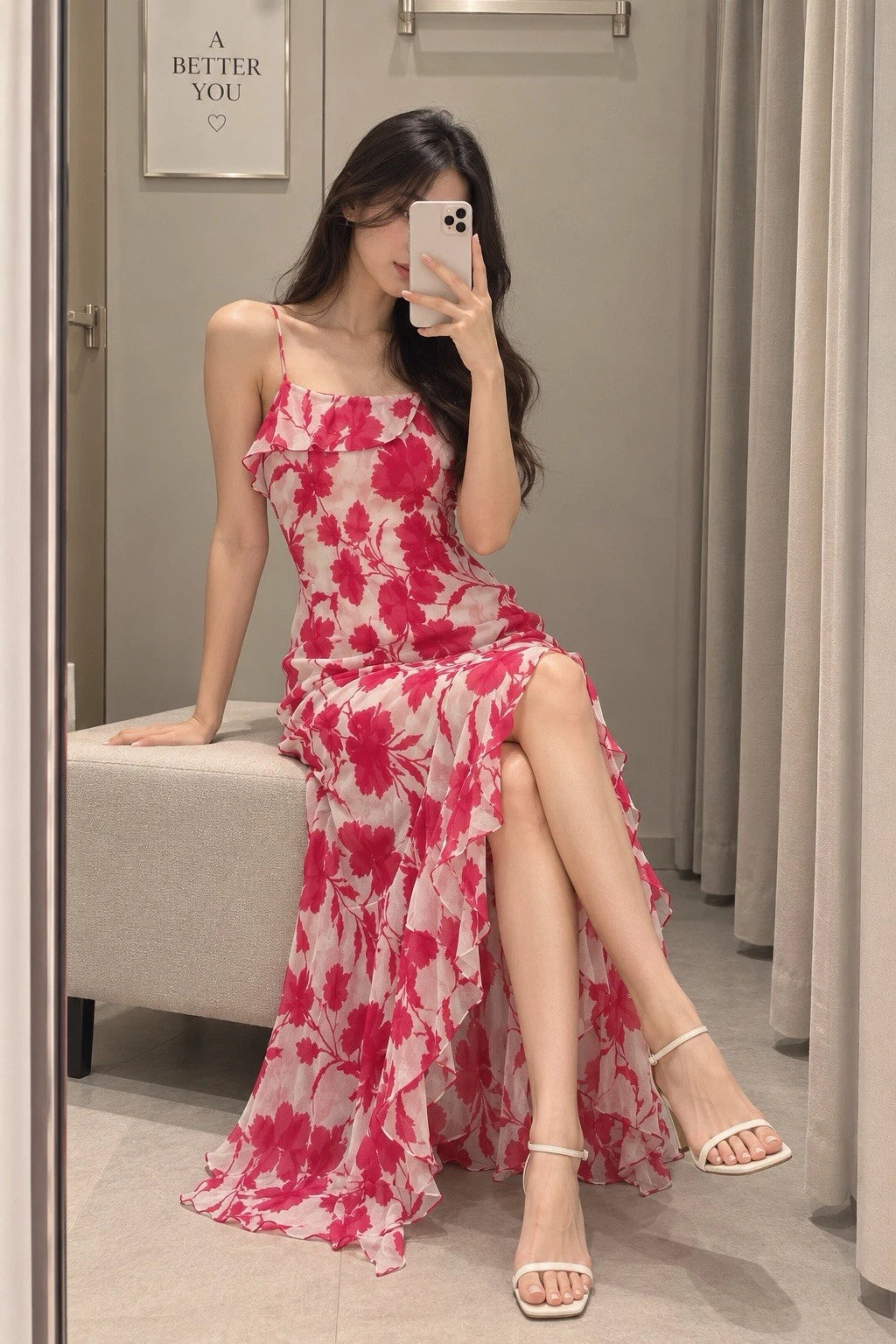 ZARA White Red Floral Chiffon Maxi Dress Square Neck Ruffle Back Tie Size S