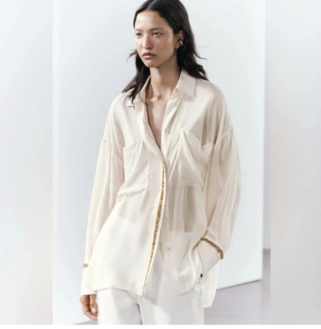 ZARA Women’s Ivory Sheer Collared Button-Up Blouse Viscose Long Sleeve Size S