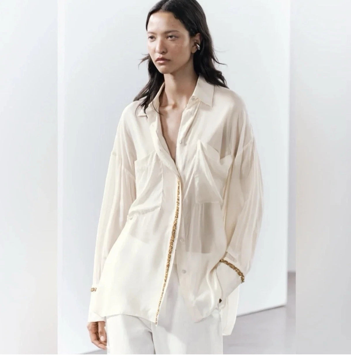 ZARA Women’s Ivory Sheer Collared Button-Up Blouse Viscose Long Sleeve Size S