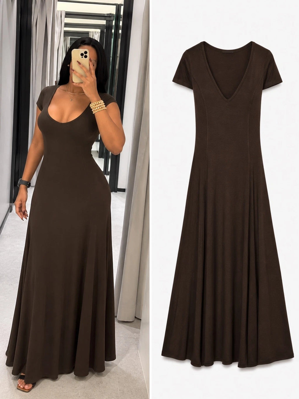 ZARA Brown Ribbed V-Neck Maxi Dress Short Sleeve Stretch Lightweight Size S