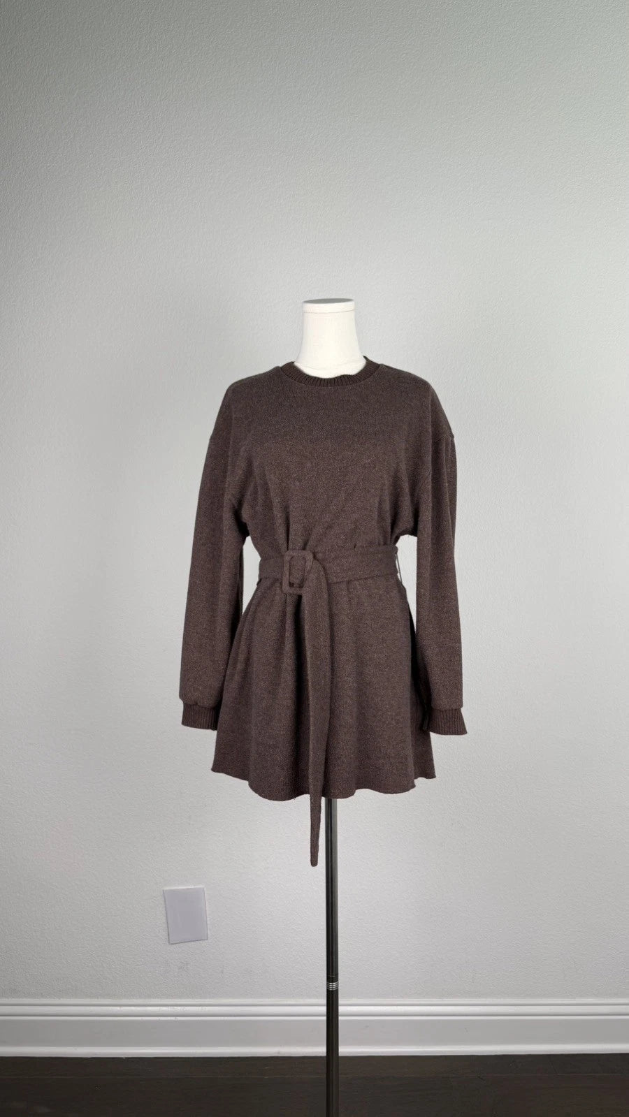 ZARA Women’s Brown Knit Sweater Dress Short Crew Neck Long Sleeve Belted L