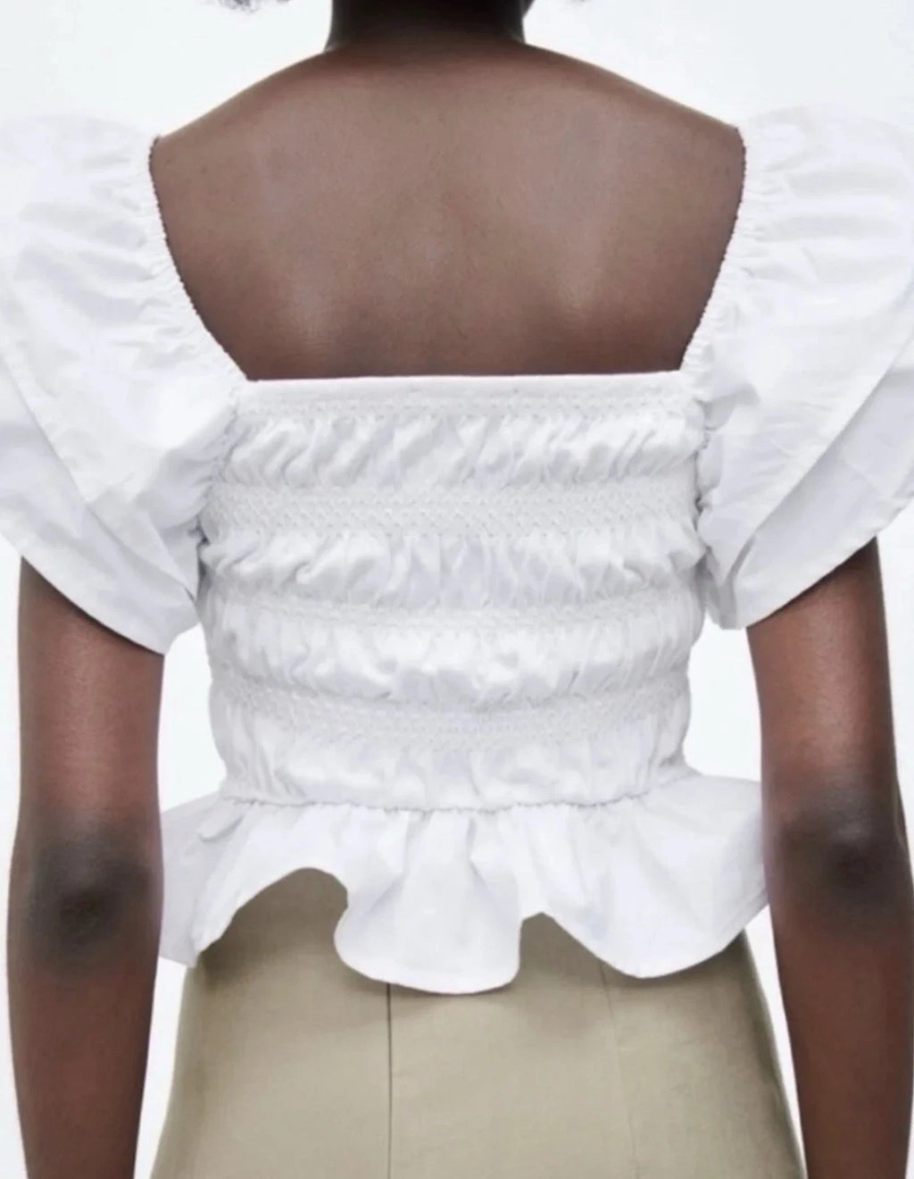 ZARA White Smocked Peplum Top Size M Square Neck Ruffle Sleeve NWT