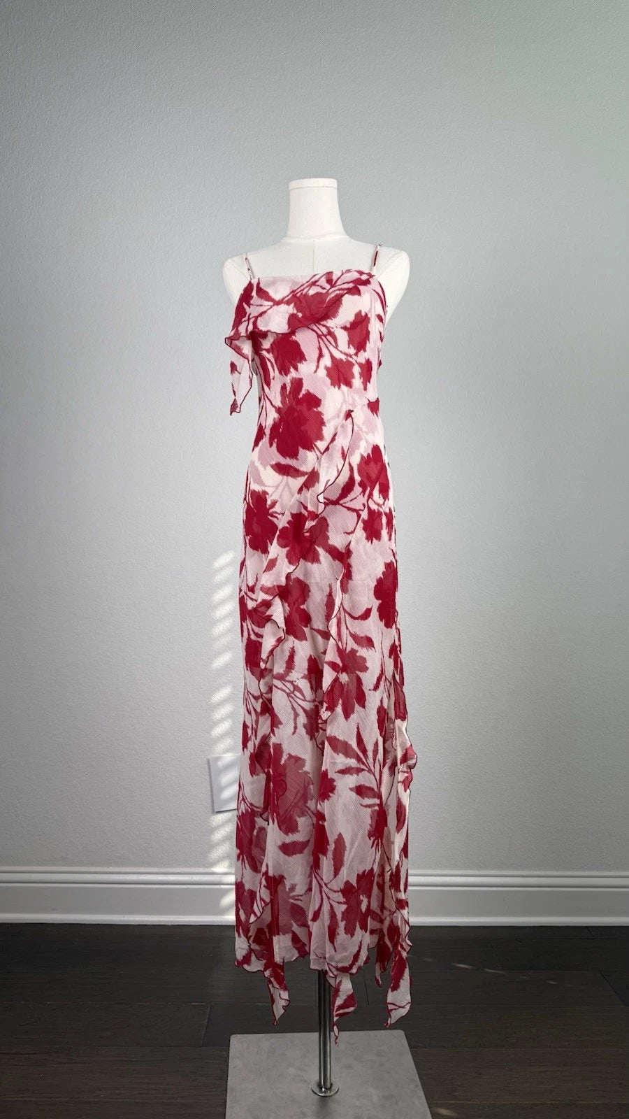 ZARA White Red Floral Chiffon Maxi Dress Square Neck Ruffle Back Tie Size S