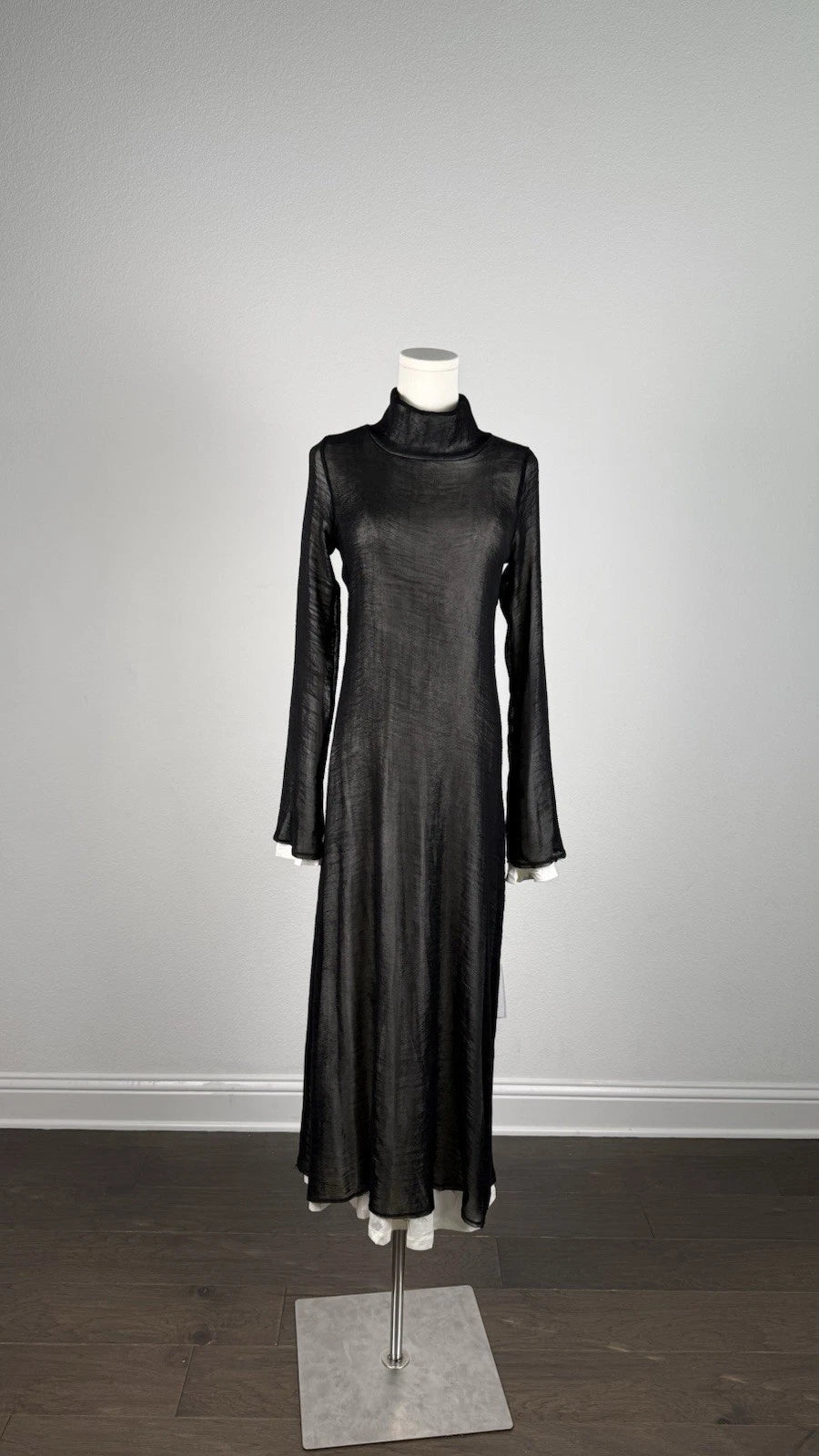 ZARA Black Turtleneck Sheer Lined Maxi Dress Bell Sleeve Size S 2298/001/064