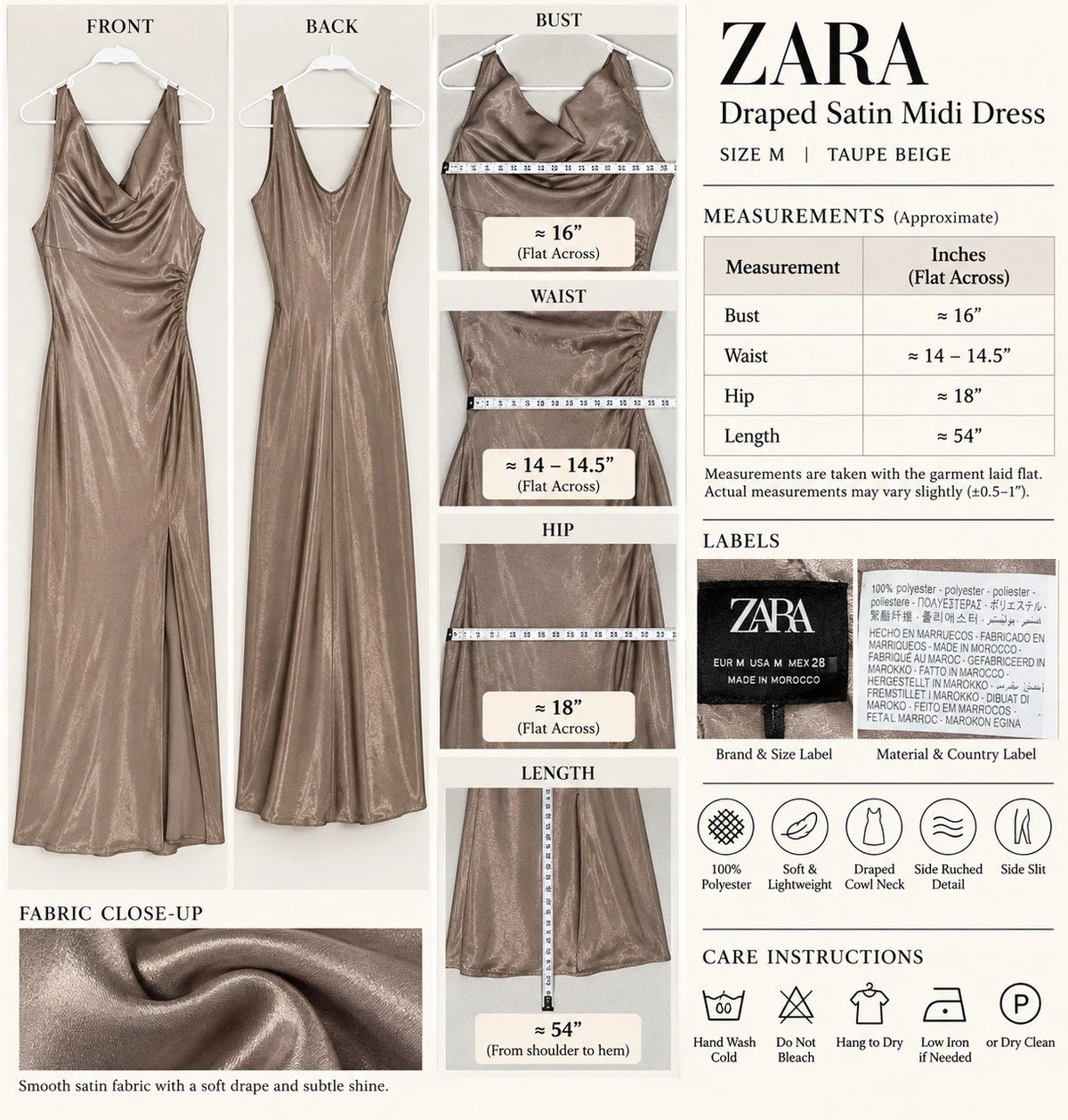 ZARA Draped Satin Midi Dress Size M Taupe Beige Cowl Neck Side Slit