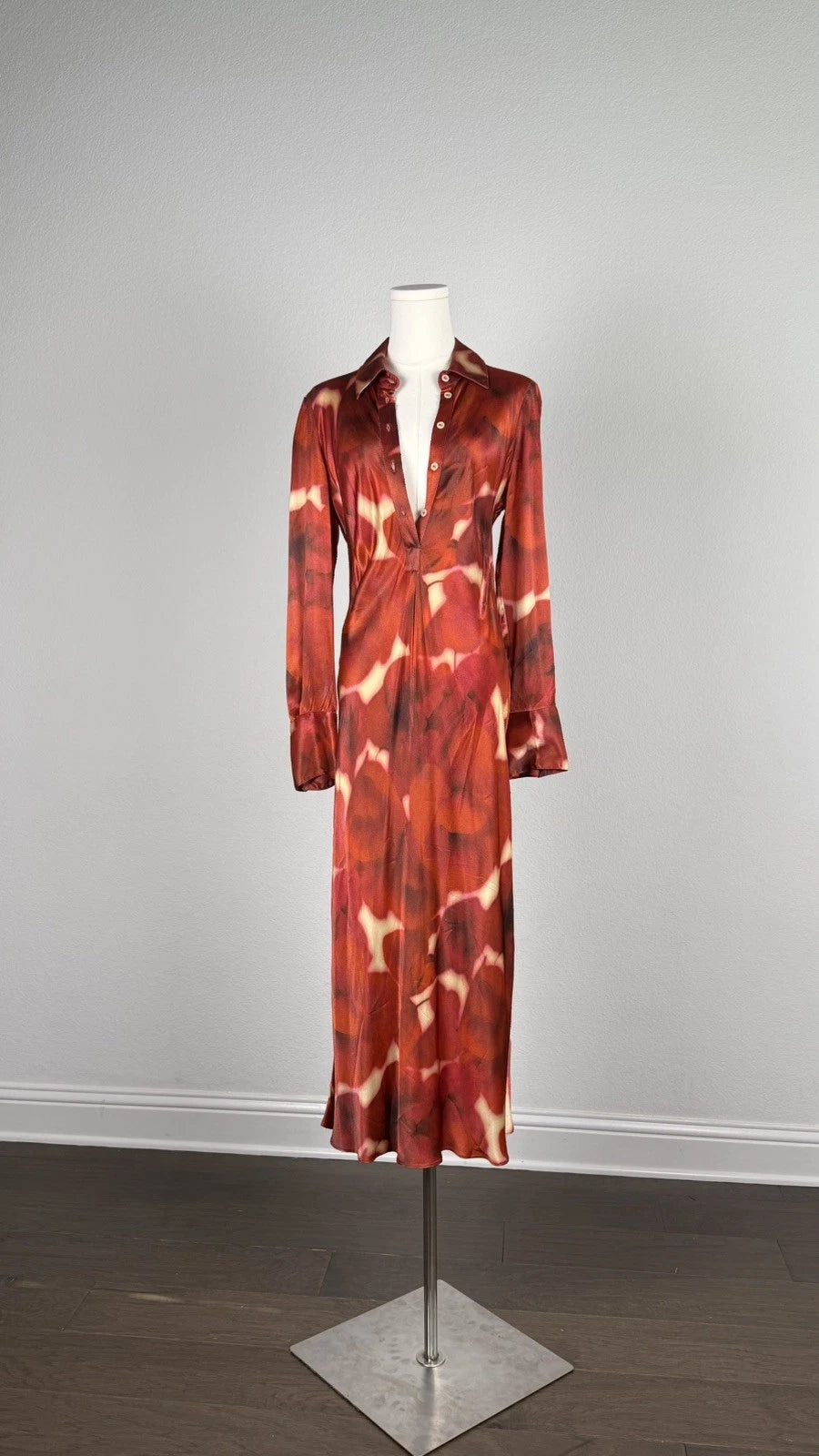 ZARA ZW Collection Red Printed Satin Midi Shirt Dress Size M NWT