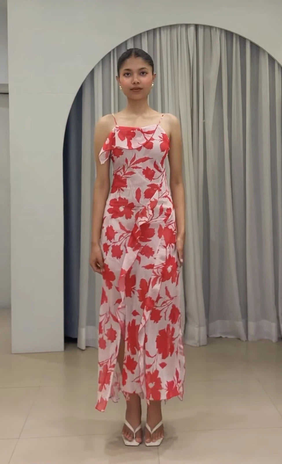ZARA White Red Floral Chiffon Maxi Dress Square Neck Ruffle Back Tie Size S