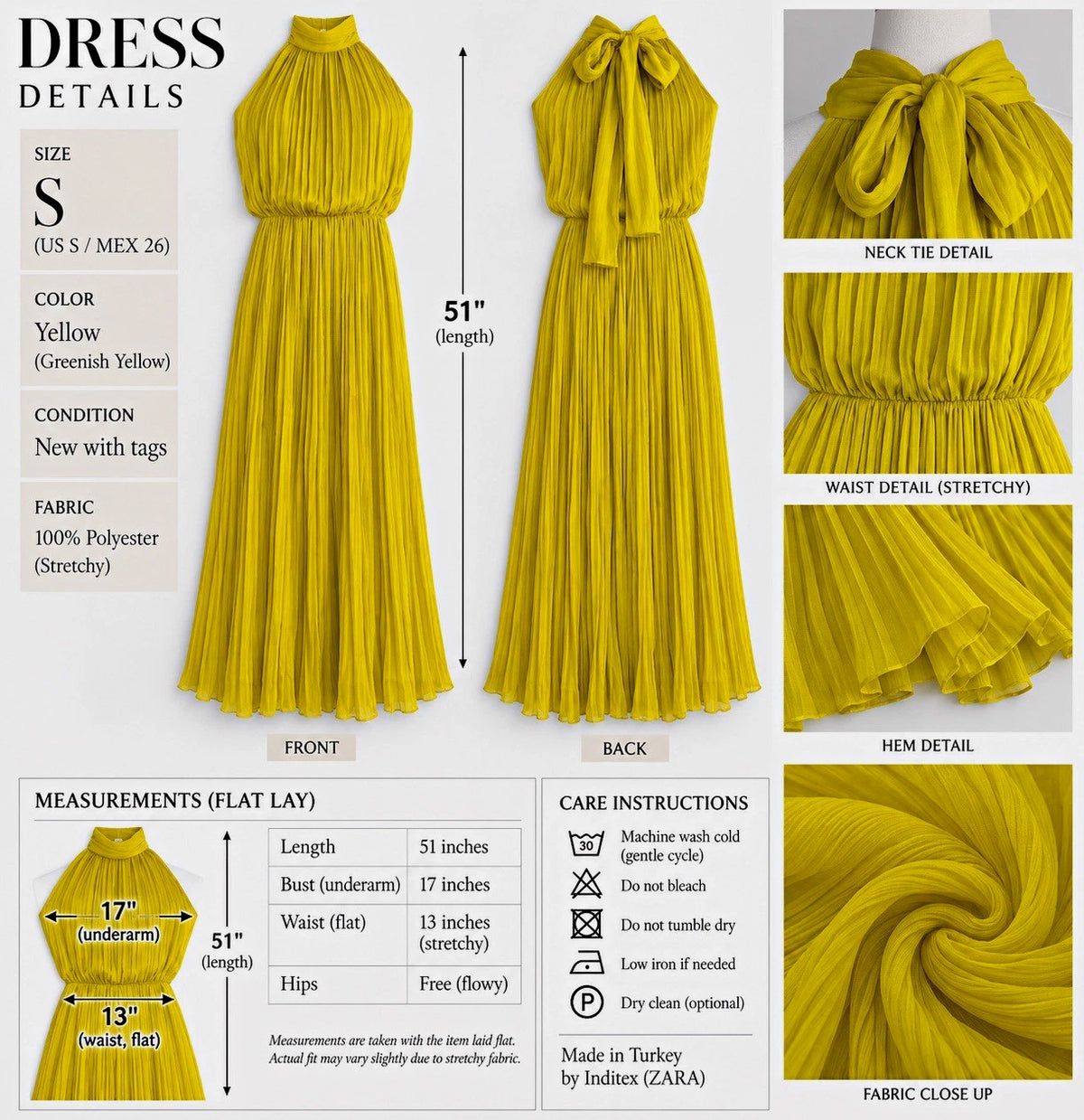ZARA Yellow Pleated Halter Maxi Dress Bow Tie Chiffon Polyester Size S