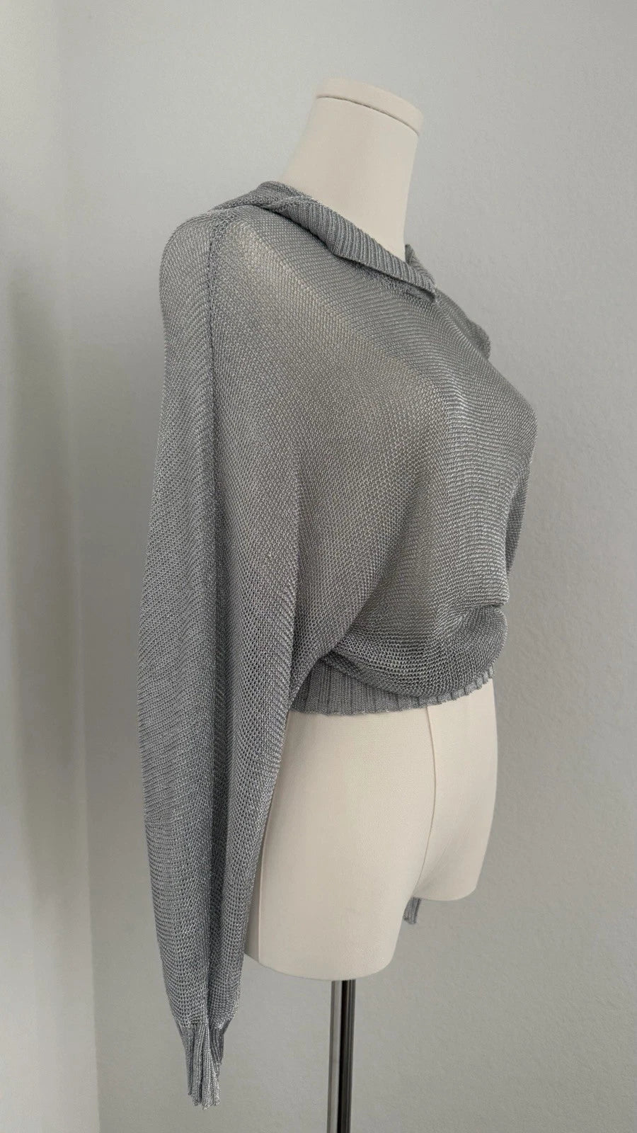 ZARA Metallic Silver Open Knit Cropped Hoodie Sweater Size S