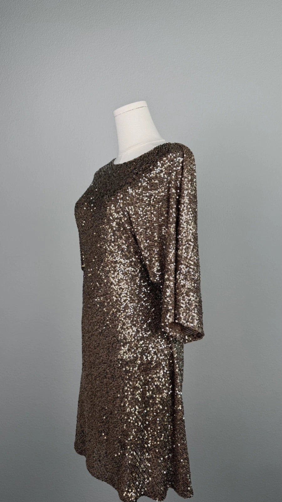 ZARA Women’s Gold Sequin Lined Open Back Mini Shift Dress 3/4 Sleeve Size L