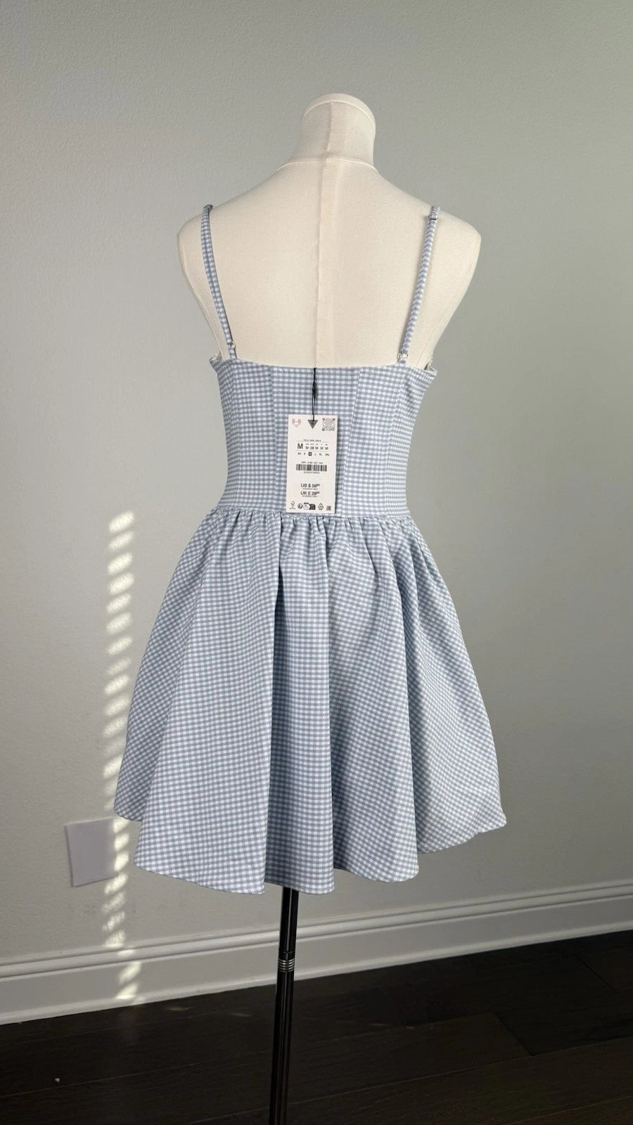 ZARA Blue White Gingham Square Neck Spaghetti Strap Mini Dress Size M