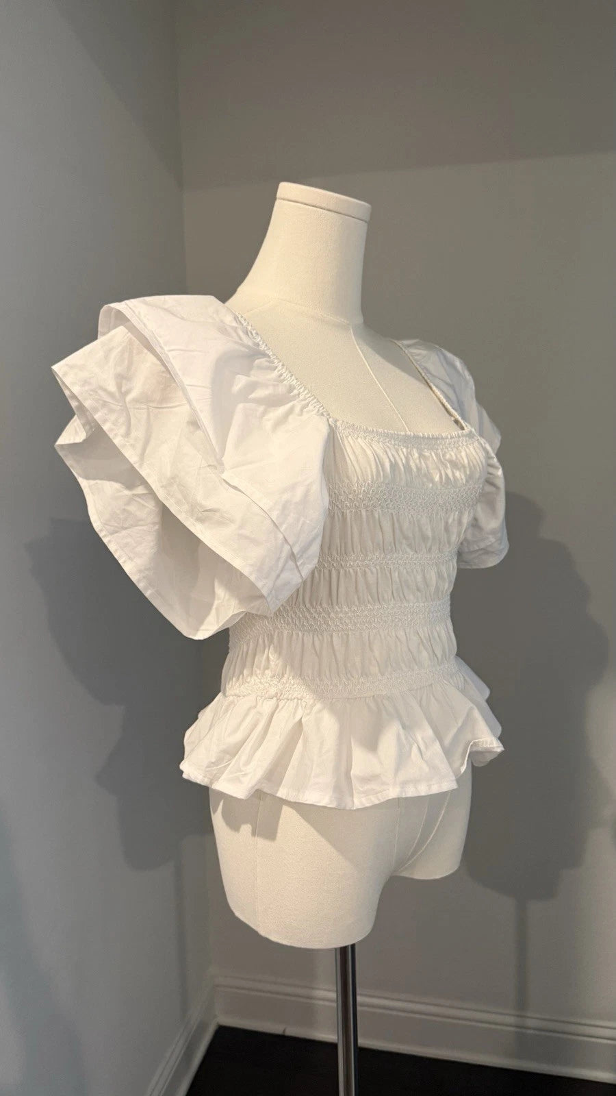 ZARA White Smocked Peplum Top Size M Square Neck Ruffle Sleeve NWT