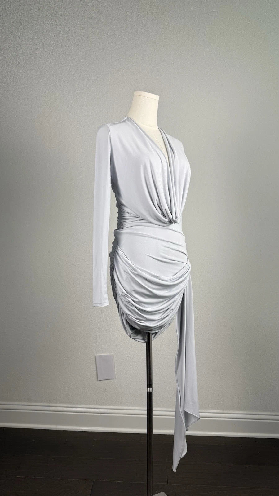 ZARA Light Gray Ruched Asymmetrical Tie V-Neck Bodycon Mini Dress Size S