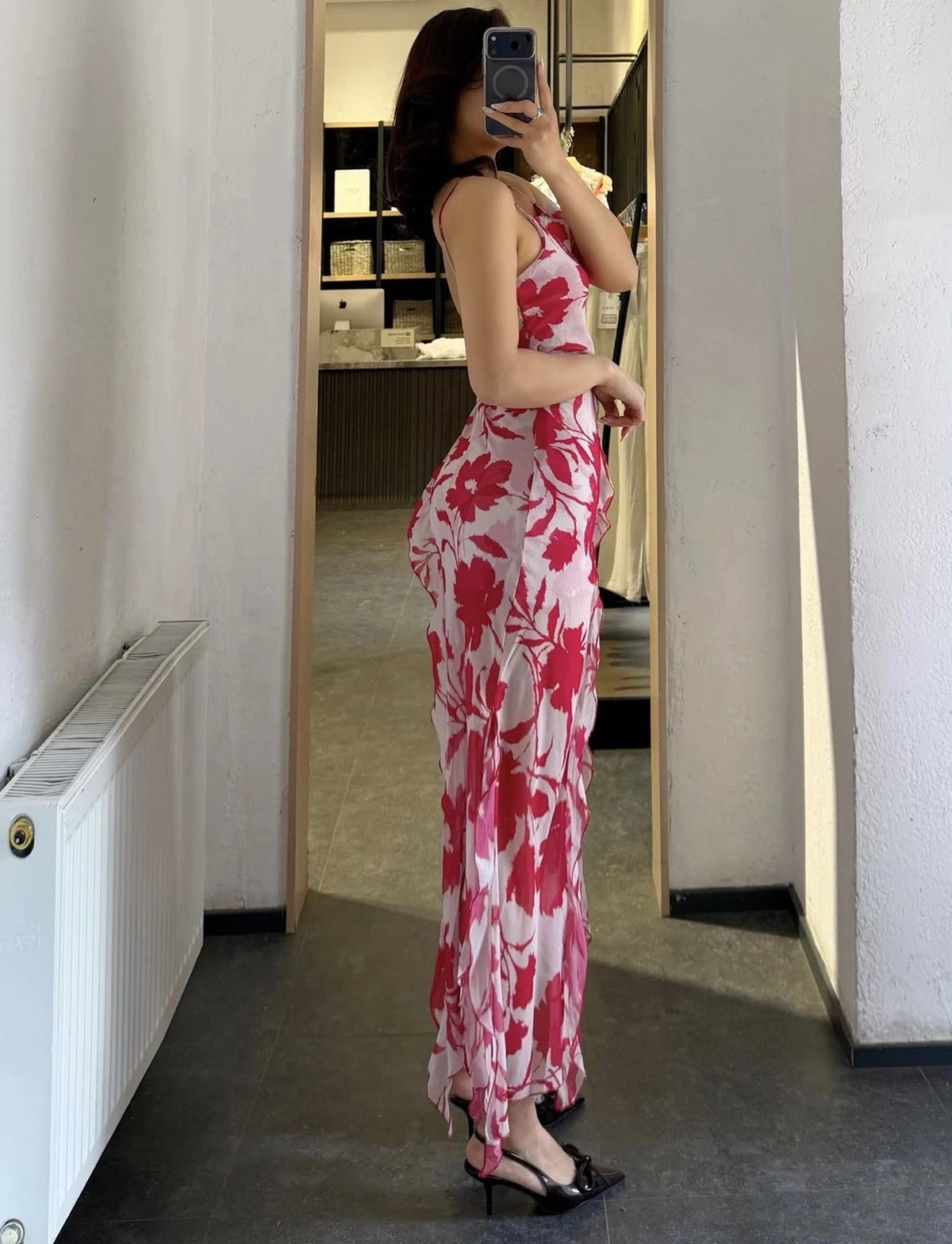 ZARA White Red Floral Chiffon Maxi Dress Square Neck Ruffle Back Tie Size S