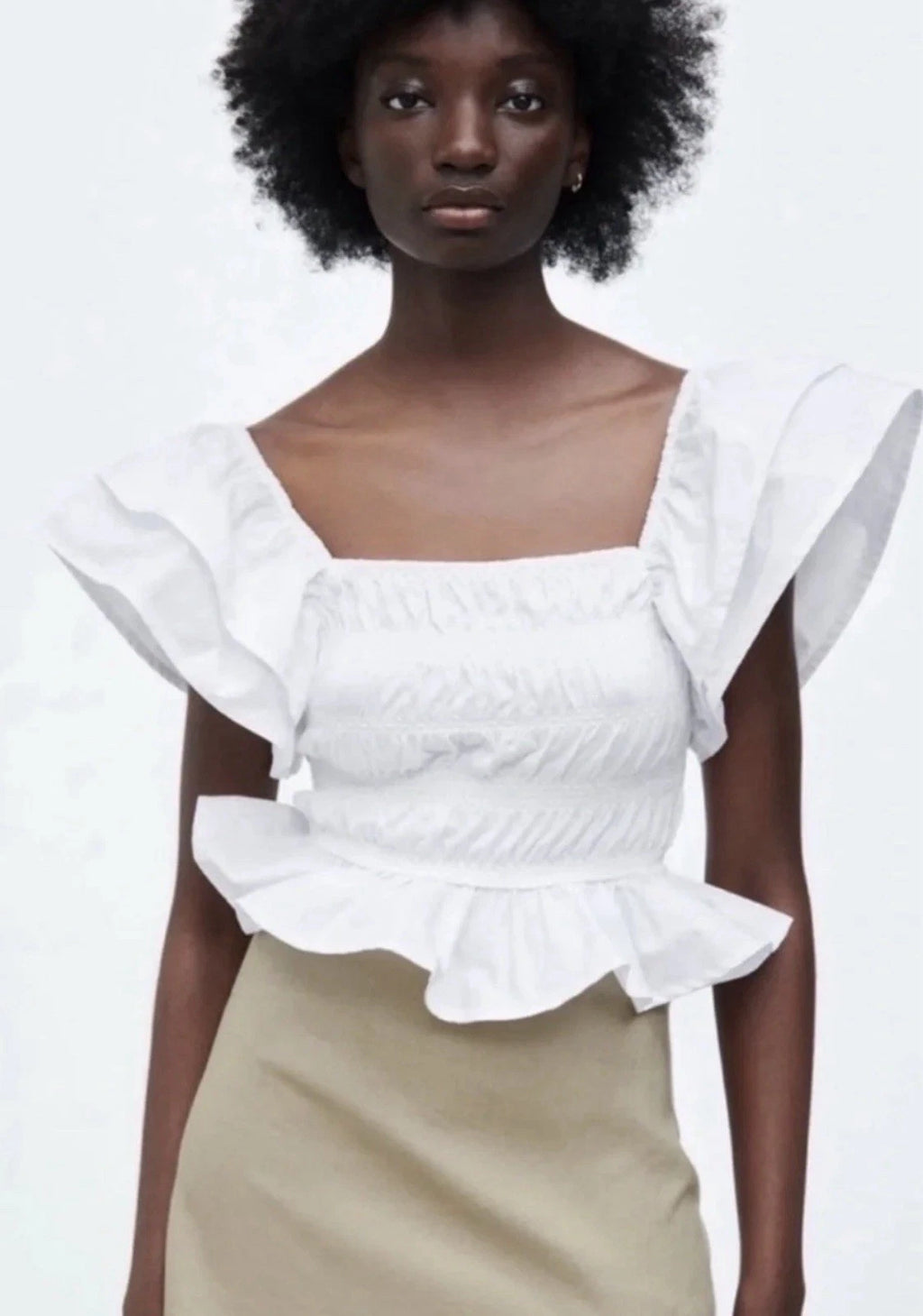 ZARA White Smocked Peplum Top Size M Square Neck Ruffle Sleeve NWT