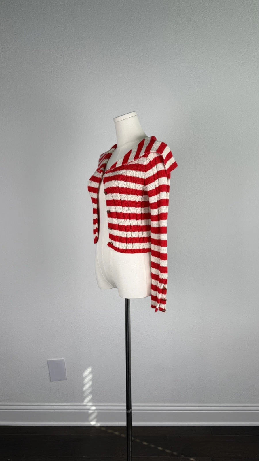 ZARA Women's Red Cream Striped Knit Cardigan XS Wide Collar Button Front NWOT