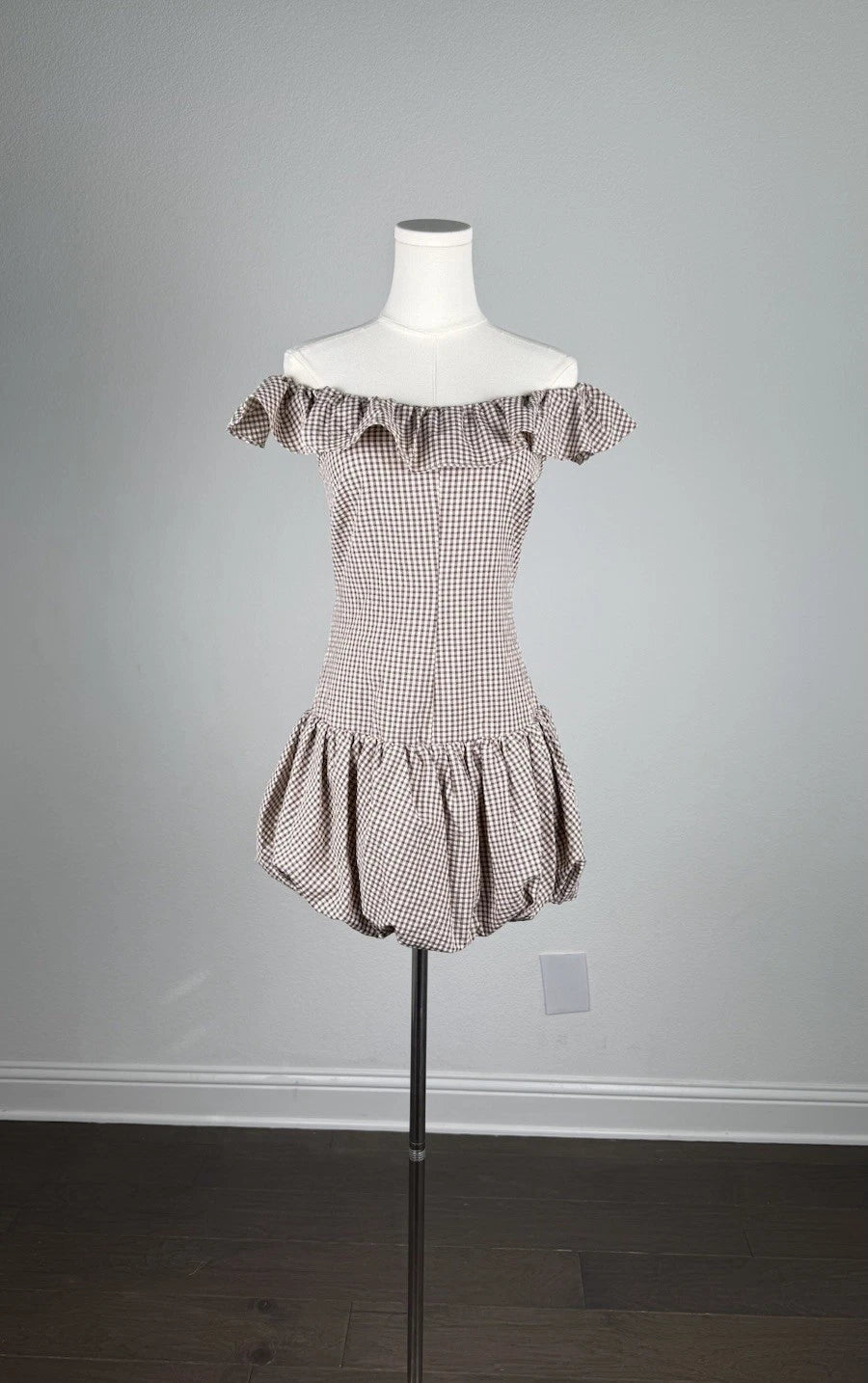 ZARA Brown/White Gingham Off Shoulder Ruffle Lined Mini Dress Size S 2180