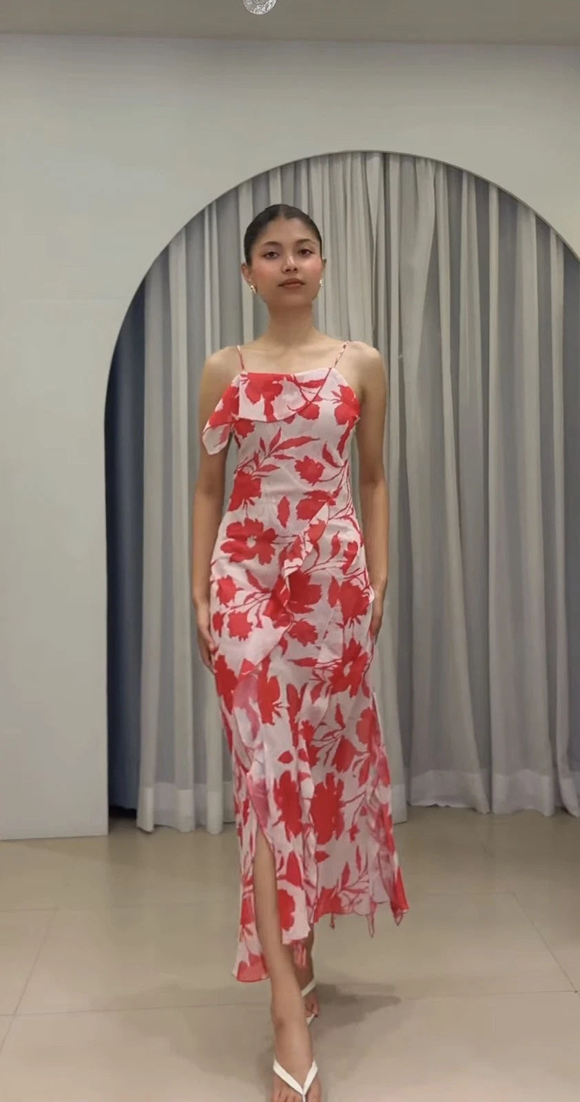 ZARA White Red Floral Chiffon Maxi Dress Square Neck Ruffle Back Tie Size S