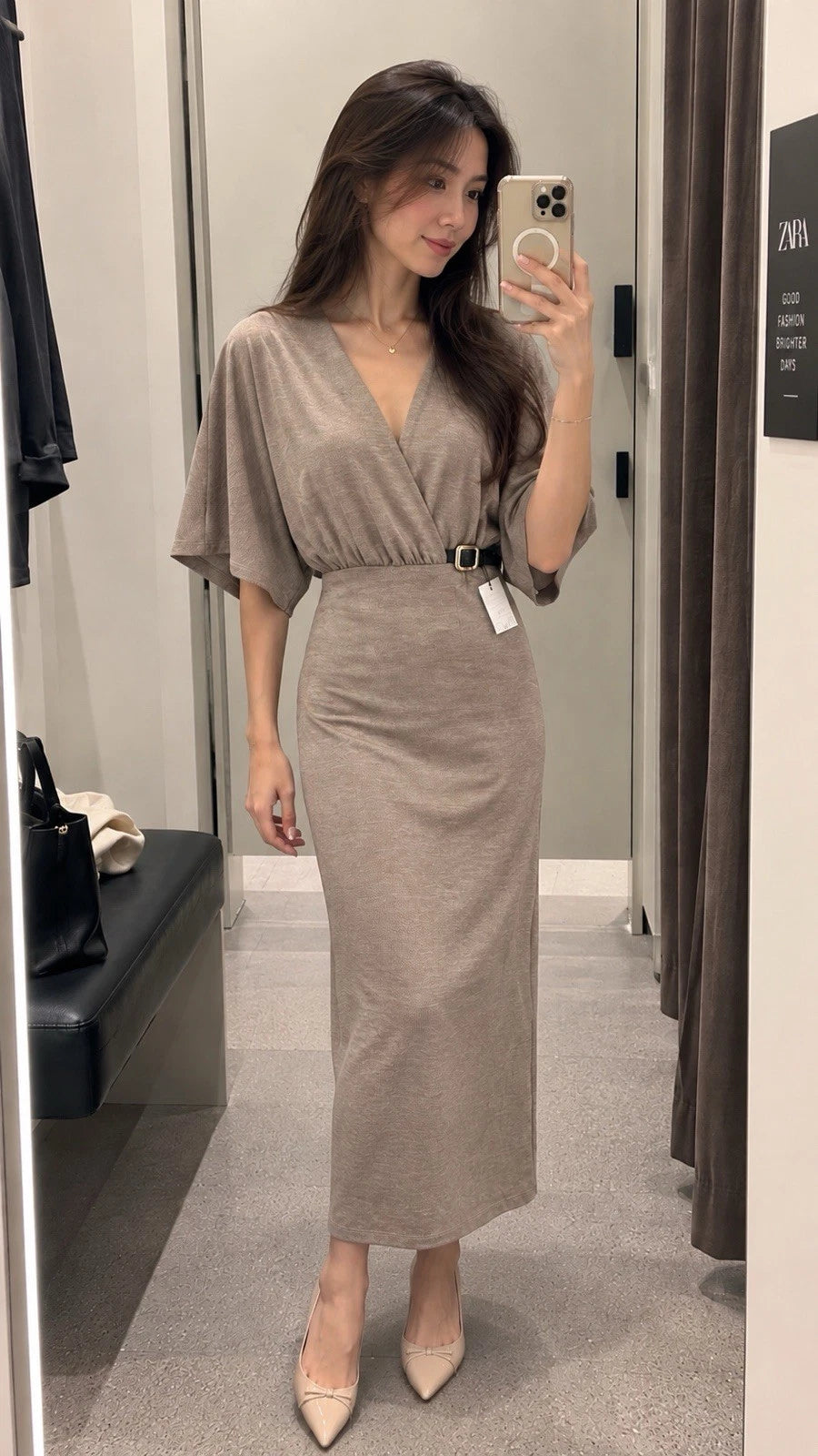 ZARA Beige Solid V-Neck Belted Buckle Kimono Short Sleeve Maxi Dress Size S