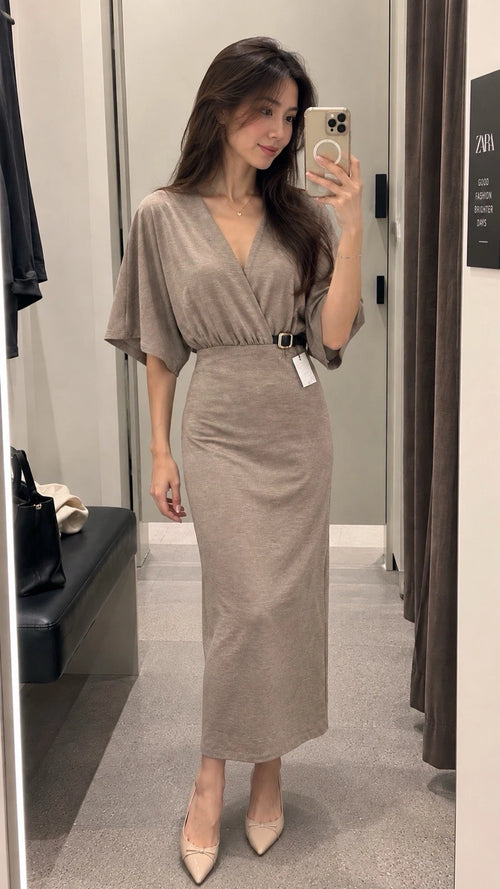 ZARA Beige Solid V-Neck Belted Buckle Kimono Short Sleeve Maxi Dress Size S