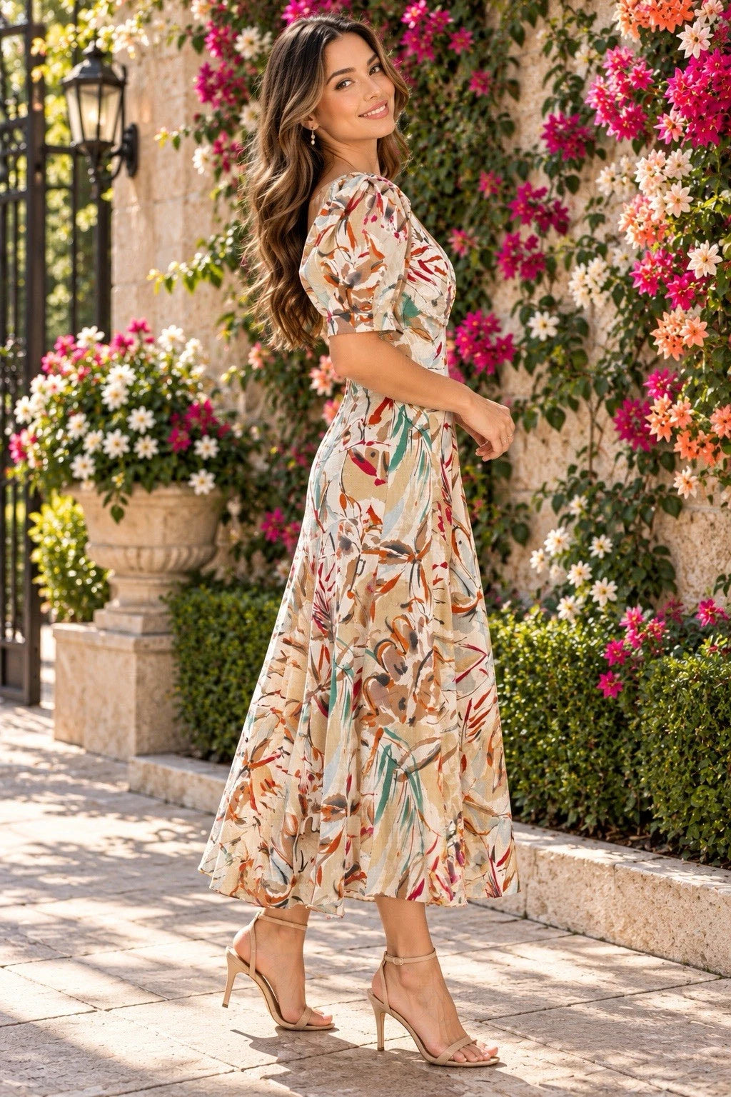 Women’s Floral V-Neck Puff Sleeve Midi Dress Woven Viscose Zip Ruffle Size S