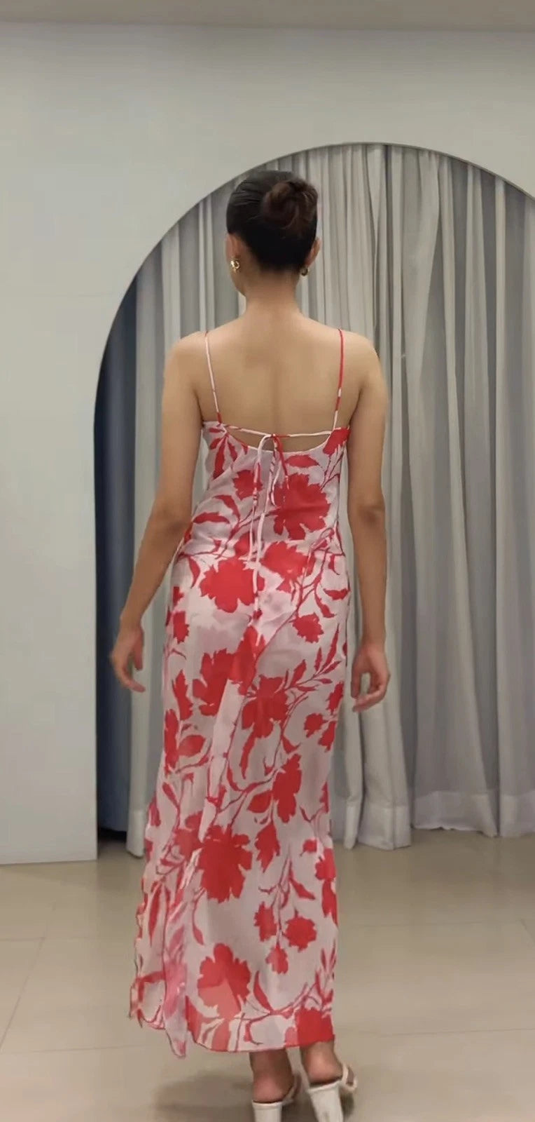 ZARA White Red Floral Chiffon Maxi Dress Square Neck Ruffle Back Tie Size S