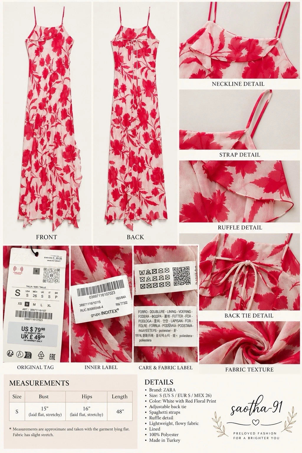ZARA White Red Floral Chiffon Maxi Dress Square Neck Ruffle Back Tie Size S