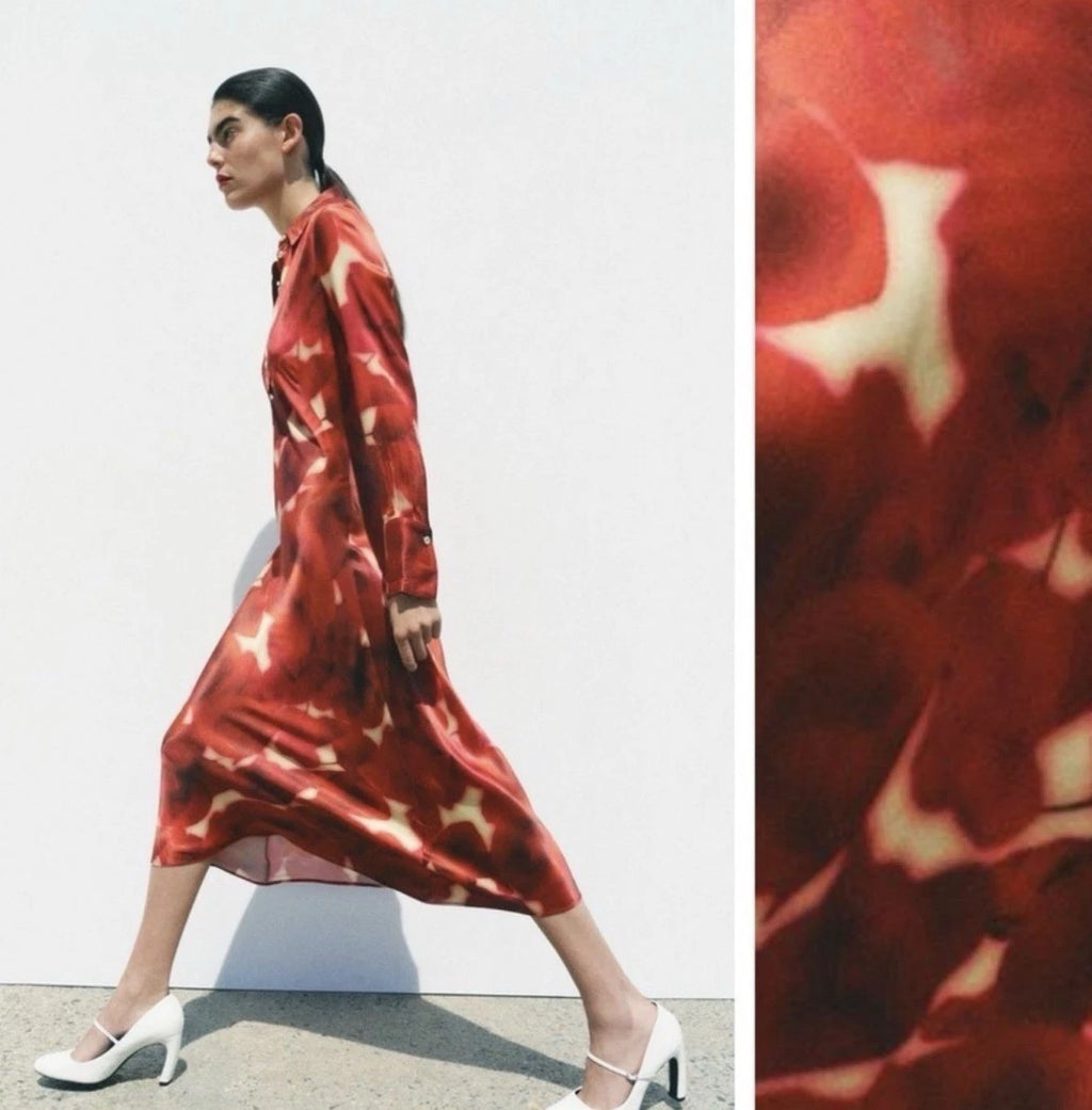 ZARA ZW Collection Red Printed Satin Midi Shirt Dress Size M NWT
