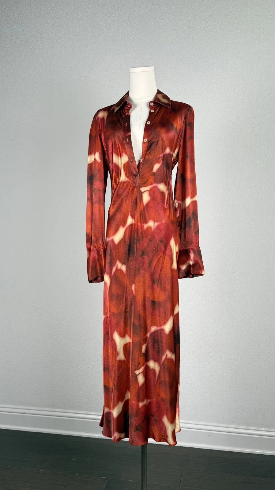 ZARA ZW Collection Red Printed Satin Midi Shirt Dress Size M NWT