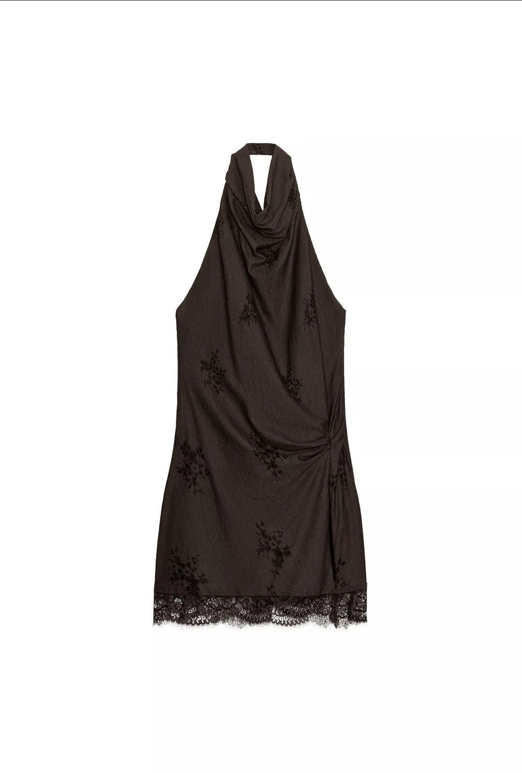 ZARA Brown Floral Halter Mini Dress Lace Lined Side Slit Zip Size S NWT