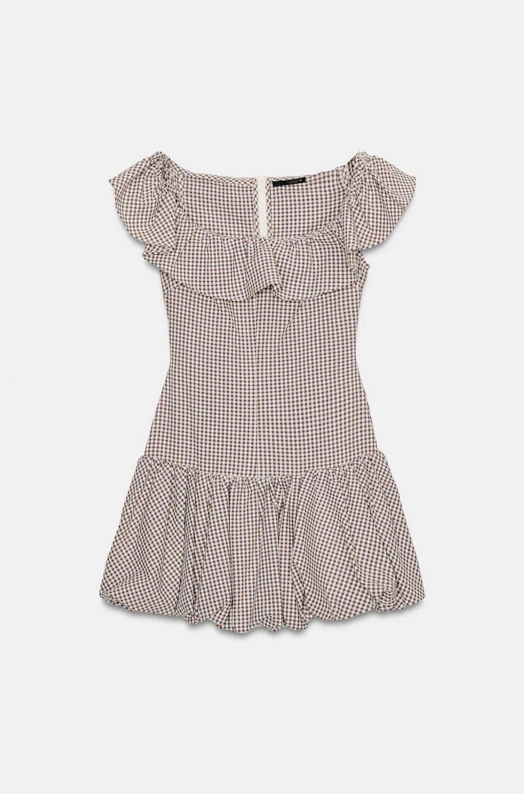 ZARA Brown/White Gingham Off Shoulder Ruffle Lined Mini Dress Size S 2180