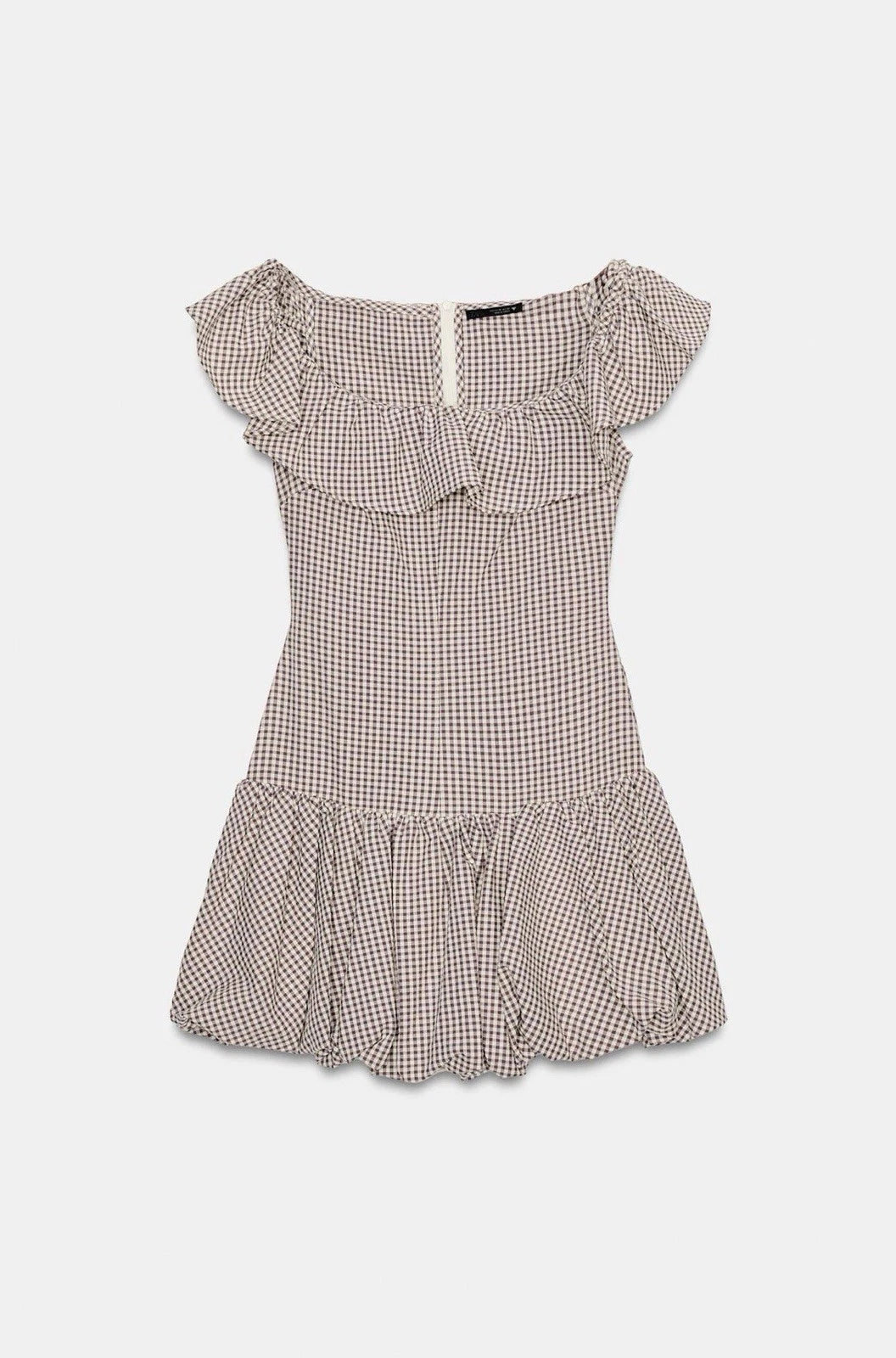 ZARA Brown/White Gingham Off Shoulder Ruffle Lined Mini Dress Size S 2180