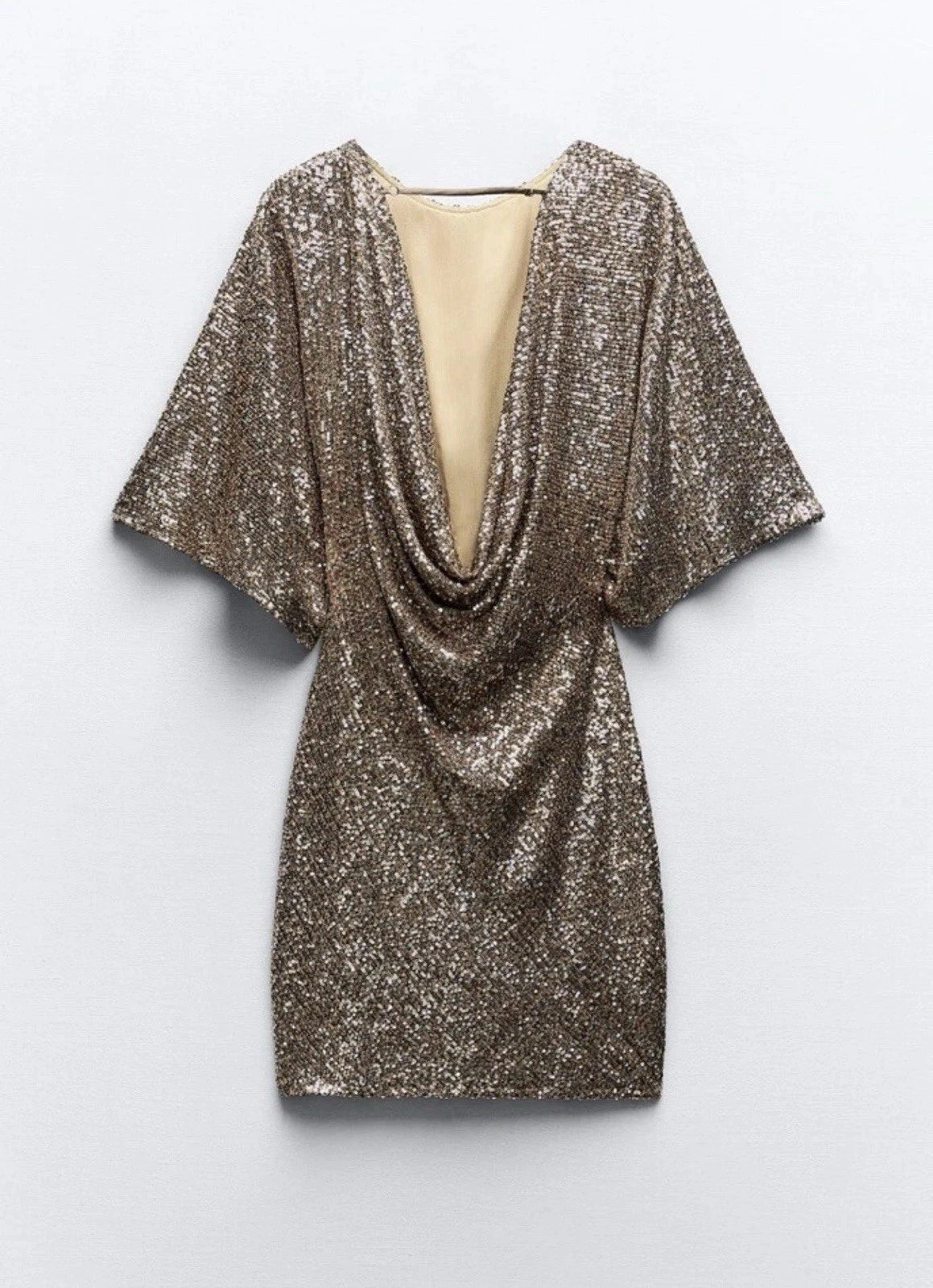 ZARA Women’s Gold Sequin Lined Open Back Mini Shift Dress 3/4 Sleeve Size L