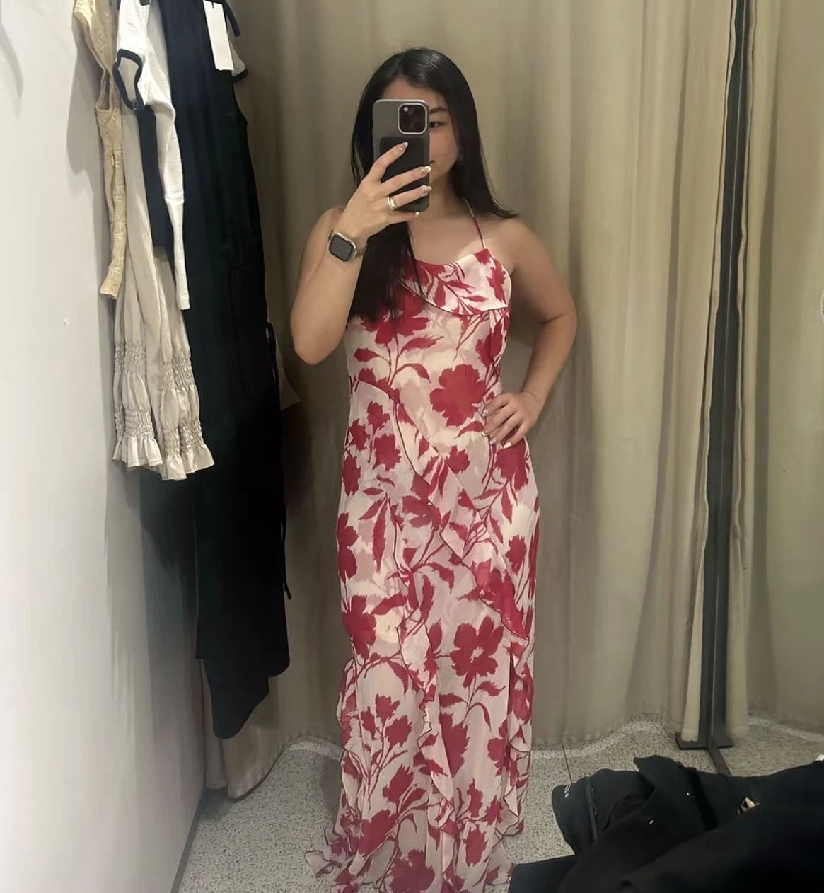 ZARA White Red Floral Chiffon Maxi Dress Square Neck Ruffle Back Tie Size S