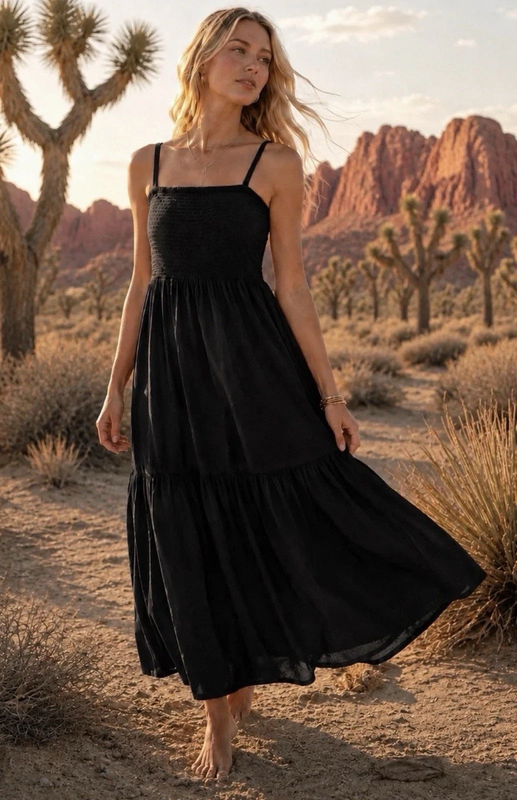 J.Crew Black Smocked Tiered Midi Dress Size M Spaghetti Strap AY145
