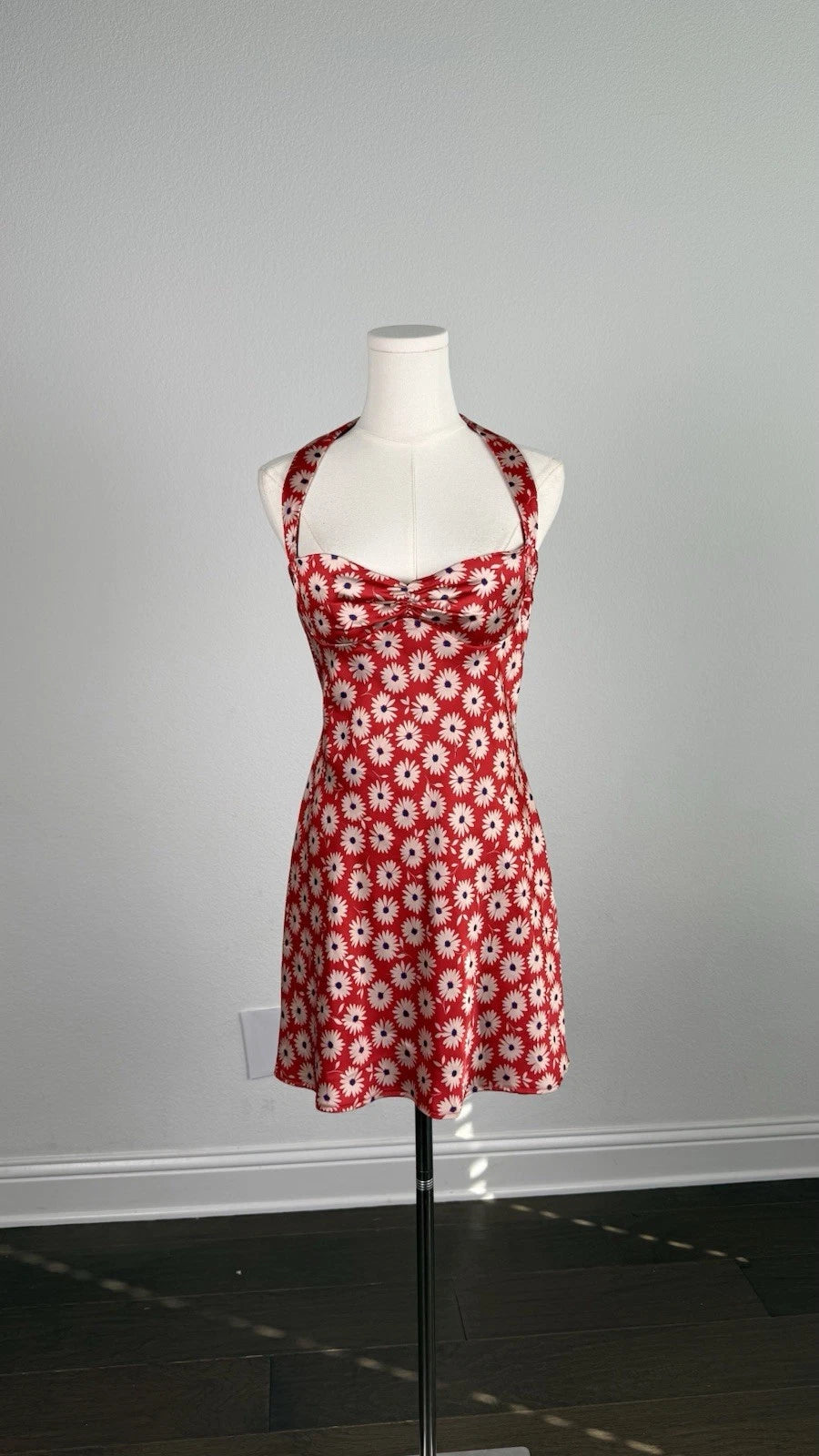 ZARA Red/White Floral Halter Sweetheart Ruched Mini Dress Pockets Size M