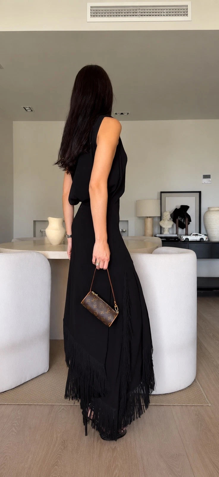 ZARA Black Asymmetric Fringe Open Back Knit Midi Dress Size XS 1758/042/800