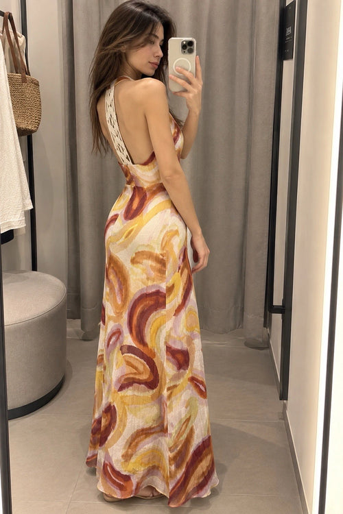 ZARA Abstract Print Cowl Neck Crochet Back Lined Maxi Dress Multicolor S