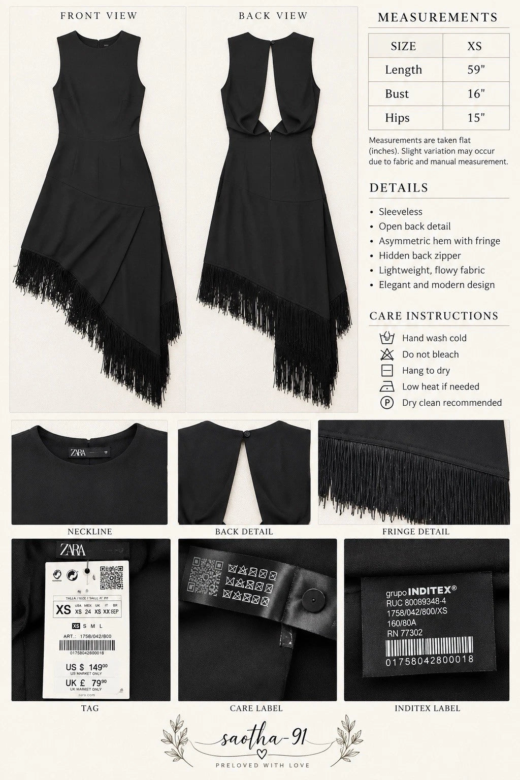 ZARA Black Asymmetric Fringe Open Back Knit Midi Dress Size XS 1758/042/800