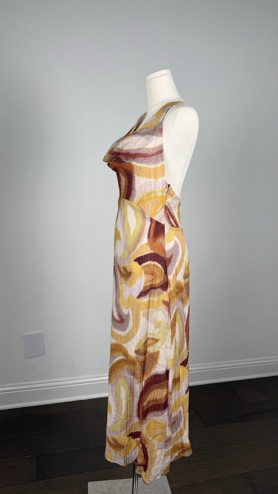 ZARA Abstract Print Cowl Neck Crochet Back Lined Maxi Dress Multicolor S